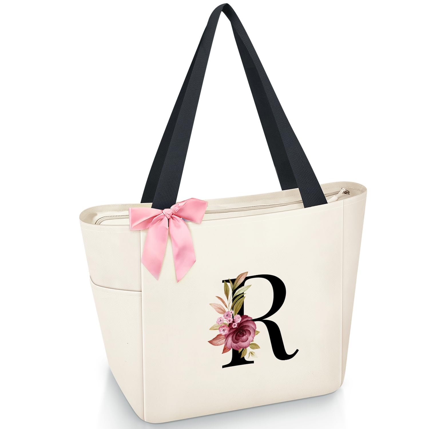 Vavabox Tote Bag, A-Z Initial Monogrammed Waterproof Tote Bag, Bridesmaid Gifts for Women, Black and Pink