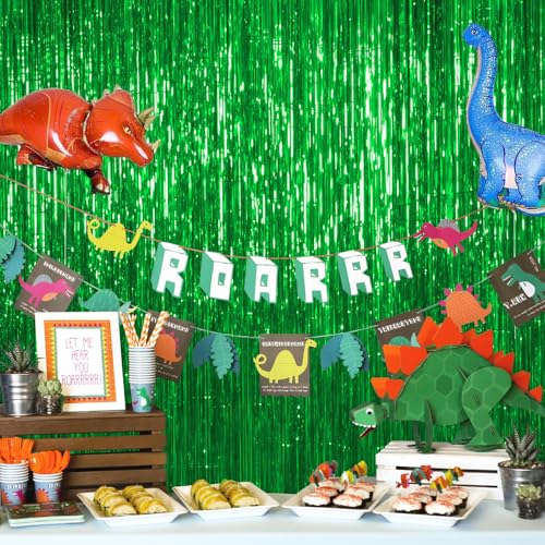 Image of Thicken Green Streamers 2 Pack 3.2 x 8.2 FT, Tinsel Backdrop Curtains, Foil Fringe Photo Backdrop for Dinosaur Birthday, Football, Jungle, Christmas, Golf Party Decorations