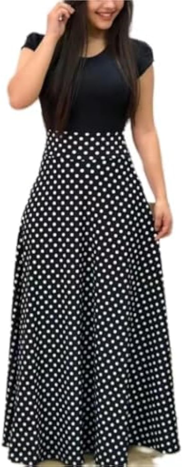 Women’s Dress Bohemian Polka Dots Floral Print Maxi Dress O-Neck Short Sleeve A-Line High Waist Long Beach Dresses Casual Sundress