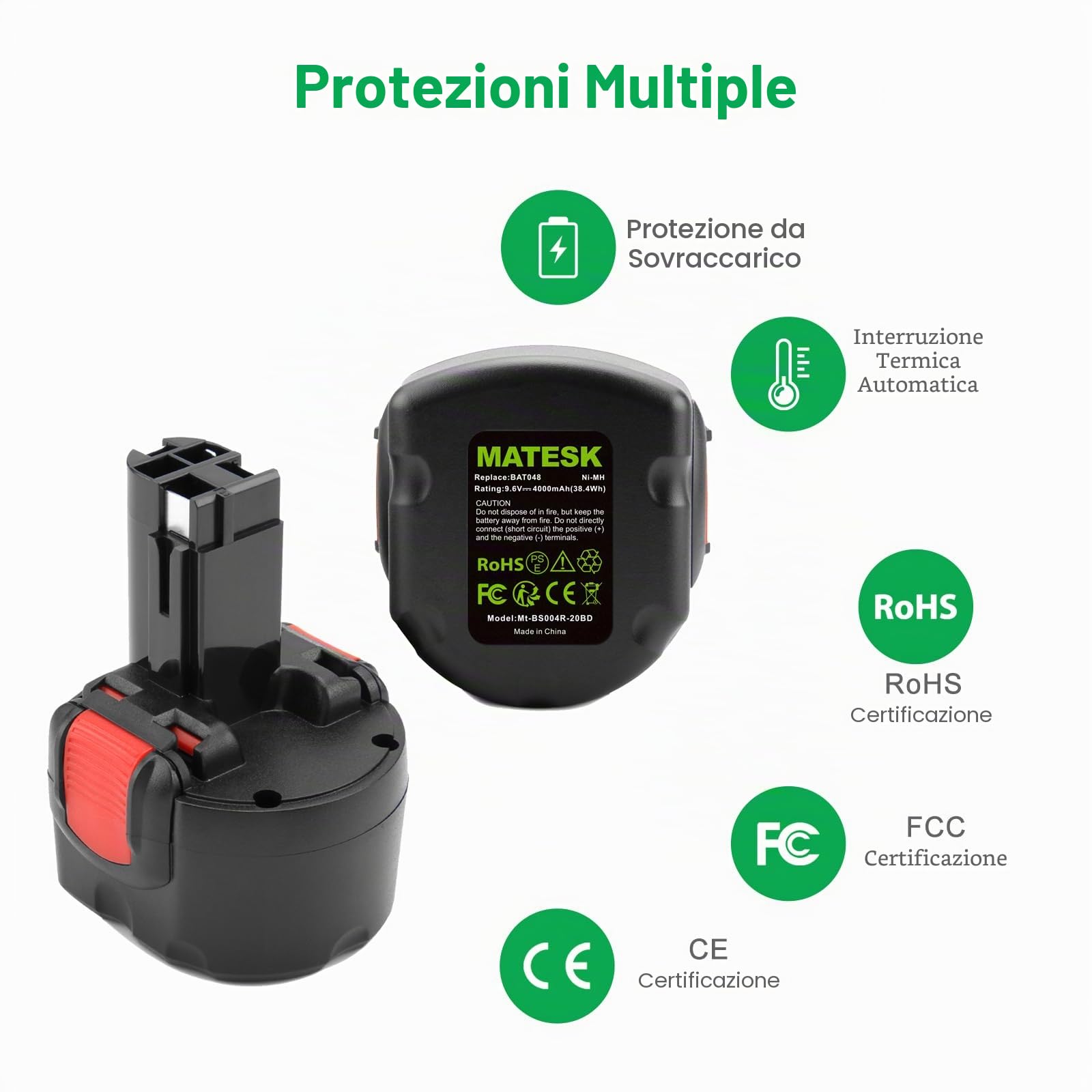 9,6 V 4000mAh BAT048 NI-MH Batteria per Bosch PSR 960, PSR960, 2607335273, 2 607 335 461, 2607335461 2607335037 2607335272, 2 607 335 260, 2 607 335 61 GSR 9.6VE-2 PSR 9.6VE-2 PRS 9.6 VE-2 (2 pezzi)