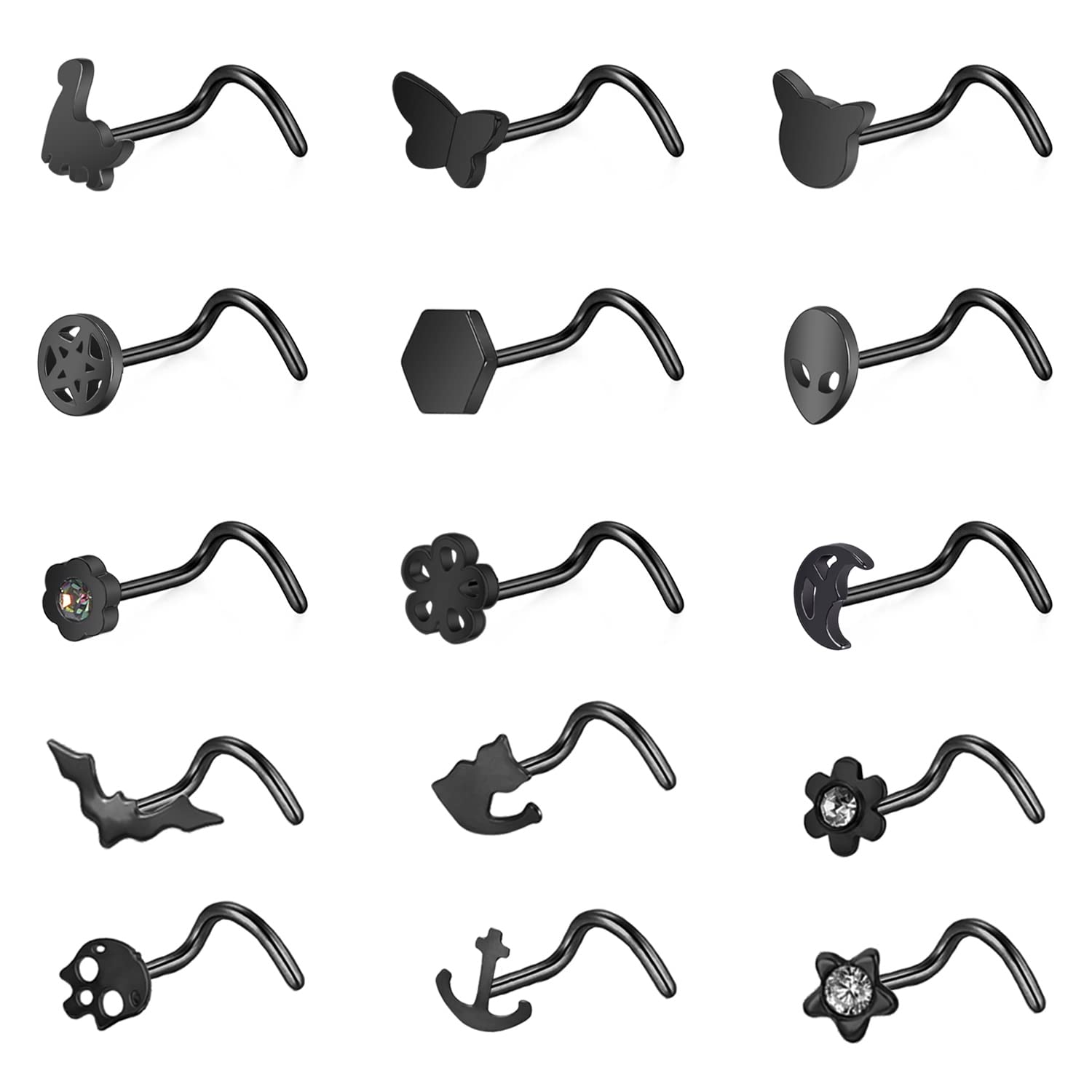 12 Stück Nasenstecker Edelstahl - Halloween Totenkopf Fledermaus