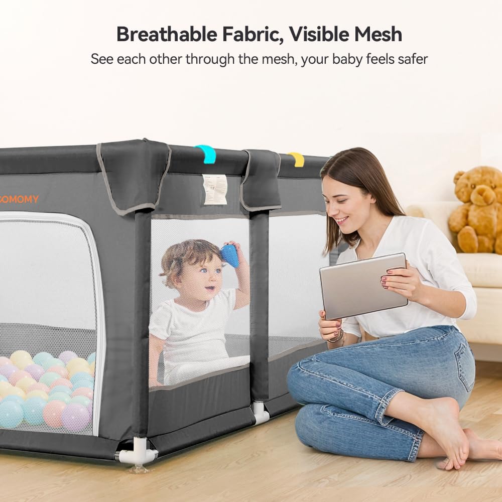 COMOMY Box per Bambini, 127 x 127 x 66 cm Recinto con 4 Pezzi Anelli, Morbida Rete Traspirante, Centro Attività, Grigio Scuro
