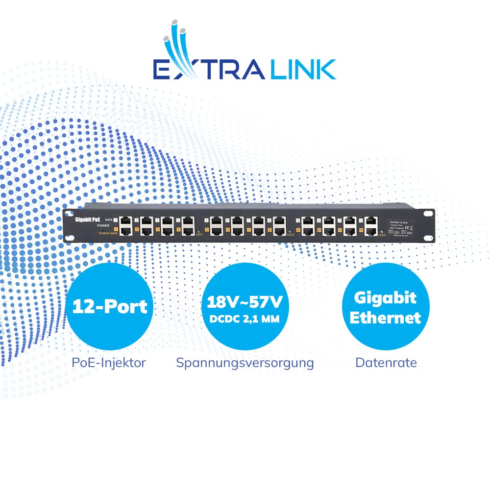 Extralink PoE Injector 12 porte Gigabit, incluso cavo, Fast Ethernet, protezione da cortocircuito e sovratensione, due porte RJ-45, adattatore PoE, iniettore PoE
