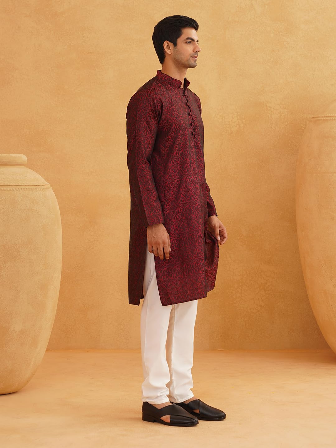Sojanya (Since 1958 Men's Silk Blend Paisley Design Maroon Only Long Kurta