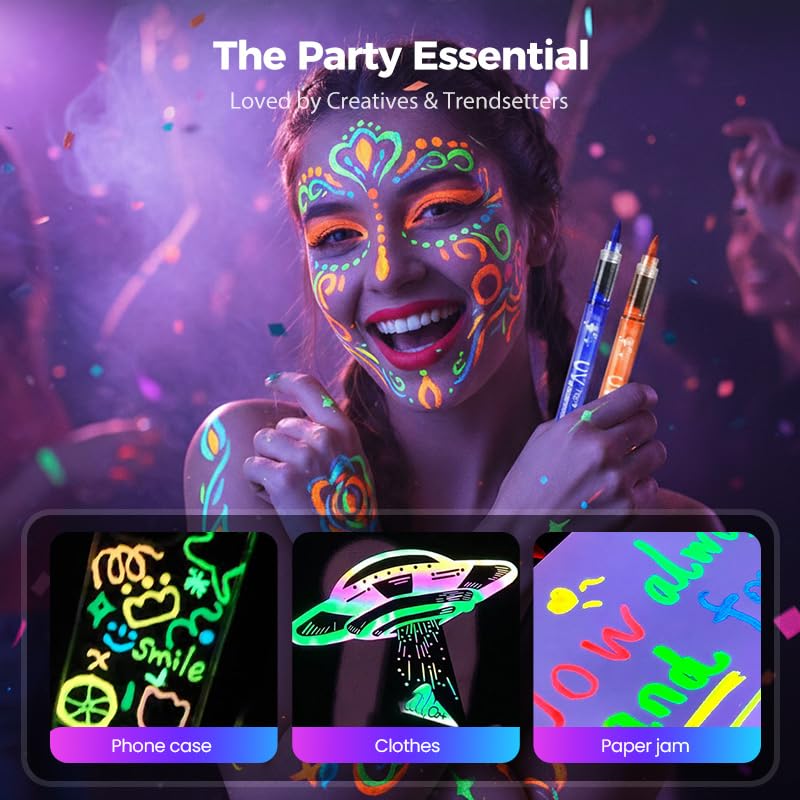 Neon Face Paint Markers, 2026 New Glow in the Dark Body Paint, Washable Temporary Tattoo Pens for Skin Glow Under Black Light Festival Party Supplies (18 Colors)