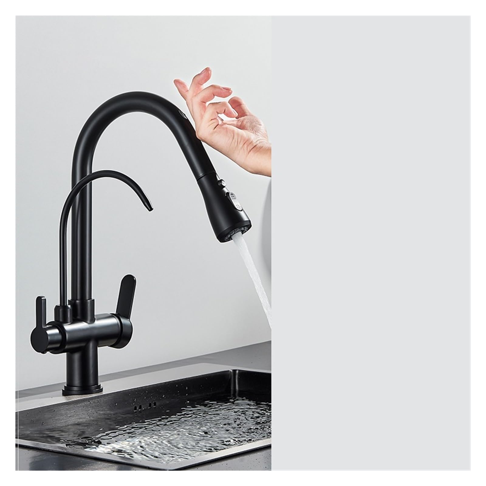 Robinet de cuisine à eau filtrée tactile noir mat à double poignée pour évier