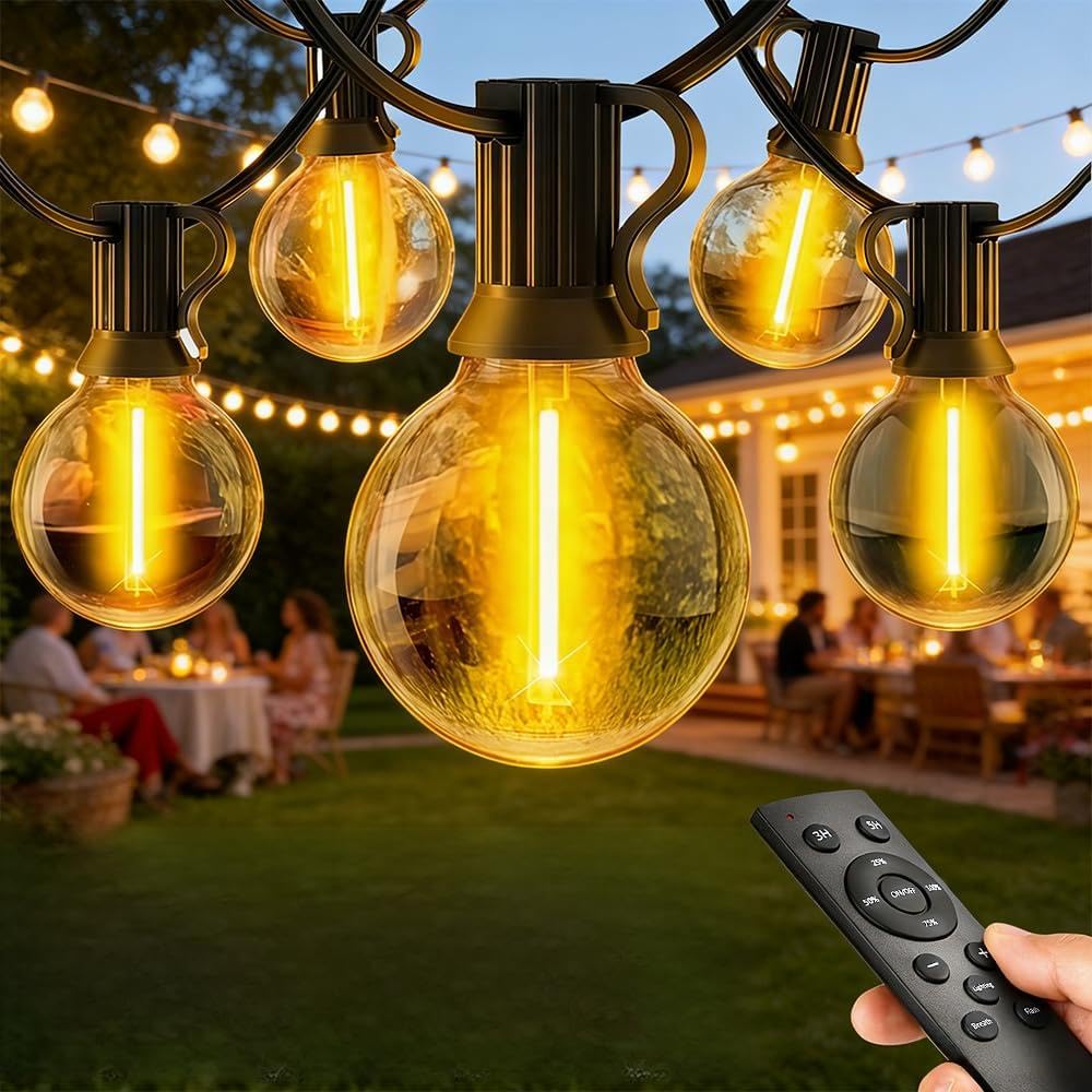LaiTeny Outdoor String Lights Mains Powered - Festoon Lights 50FT/15M with Shatterproof LED Bulbs Waterproof Remote Dimmable Hanging Lighting for Garden Patio Gazebo Pergola Wedding Party