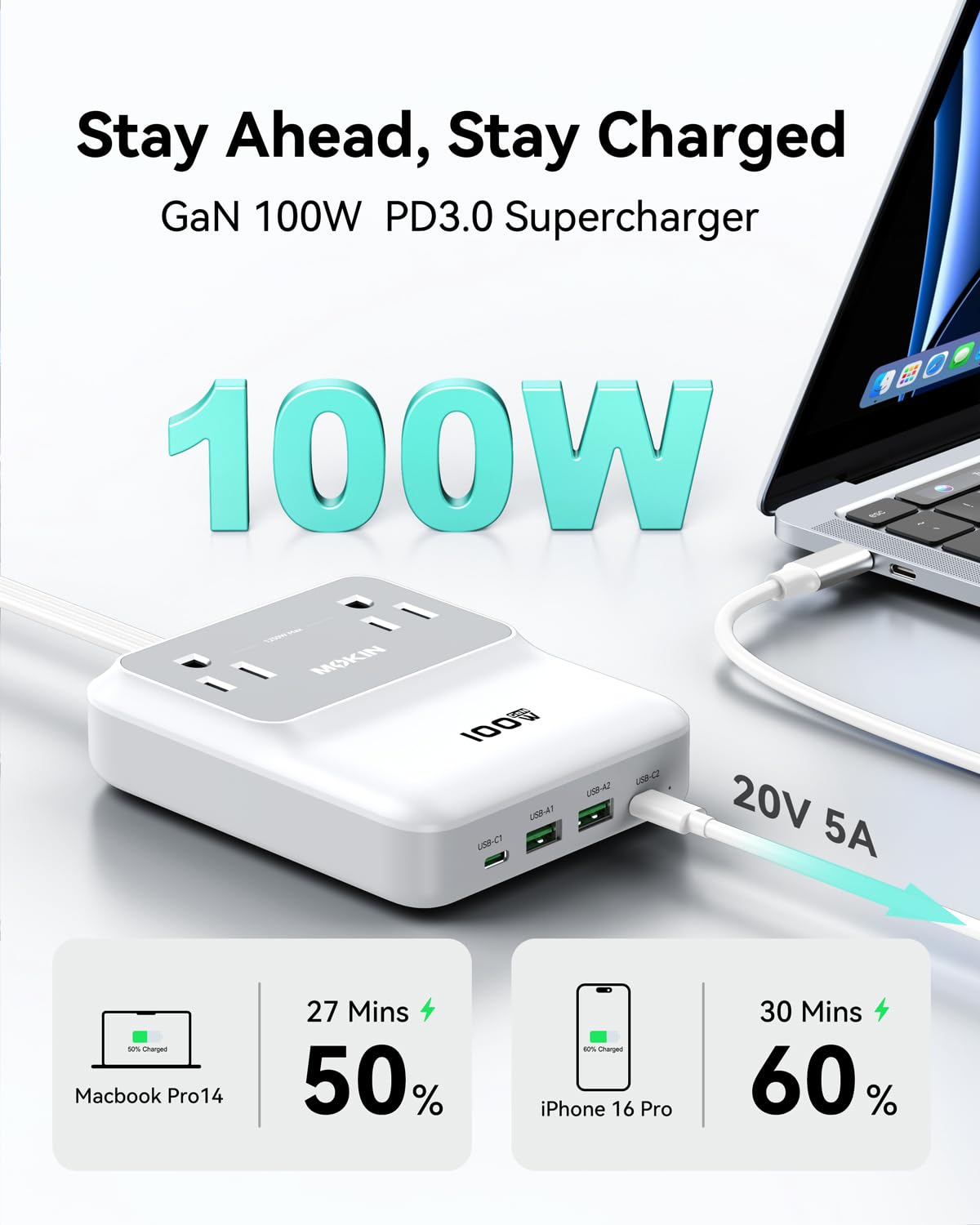Estación de carga, regleta de alimentación USB-C de 100 W GaN con protector de sobretensión, cargador de computadora de 6 puertos para MacBook Pro/Steam Deck/Chromebook, enchufe plano y cable