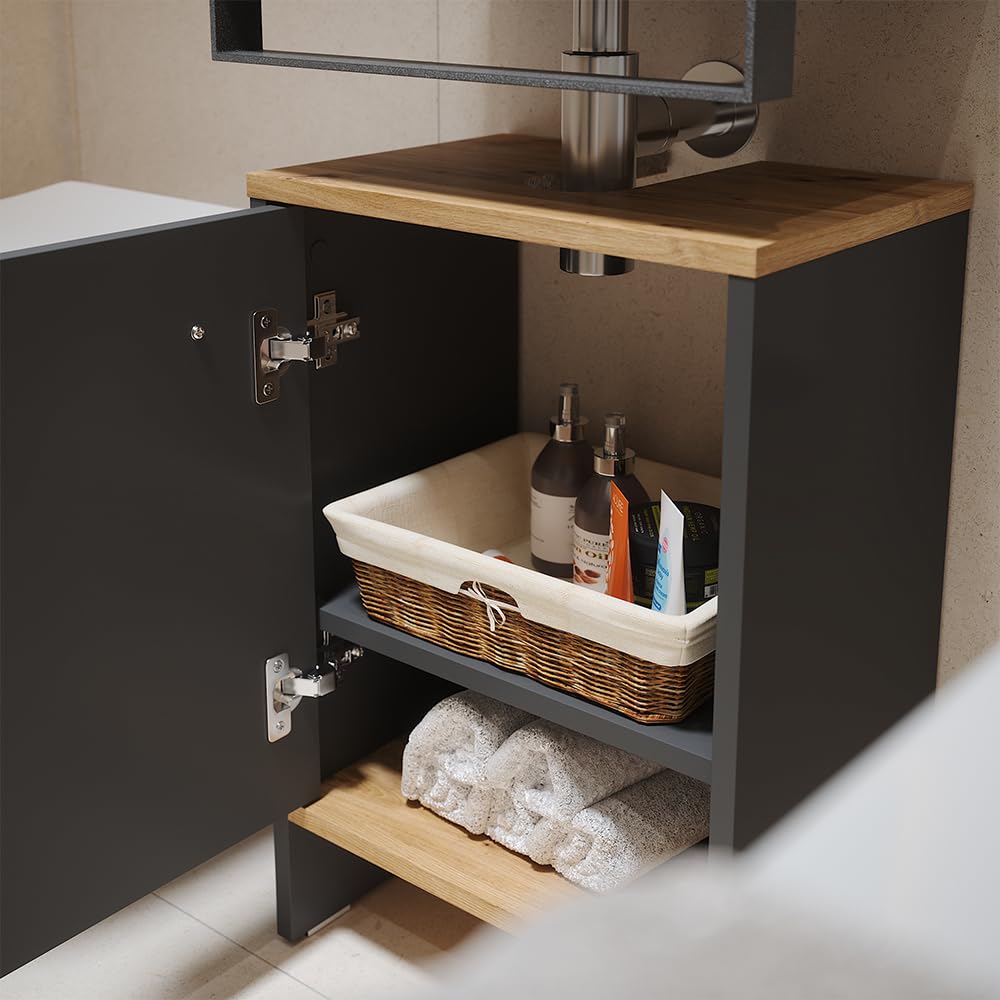 Vicco Mobile sottolavabo per bagno Karli Antracite/Rovere dorato 38.2x57 cm | con la porta, adatto per sifoni standard e facile da montare