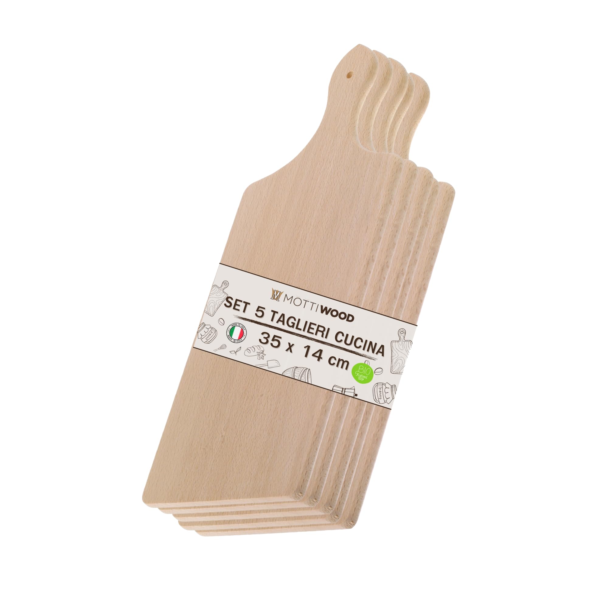 Juego de 5 tablas de cortar de cocina con asa, 100% madera de haya, perfecto para cortar y servir, dimensiones 35 x 14 x 1 cm, alta resistencia, fabricado en Italia