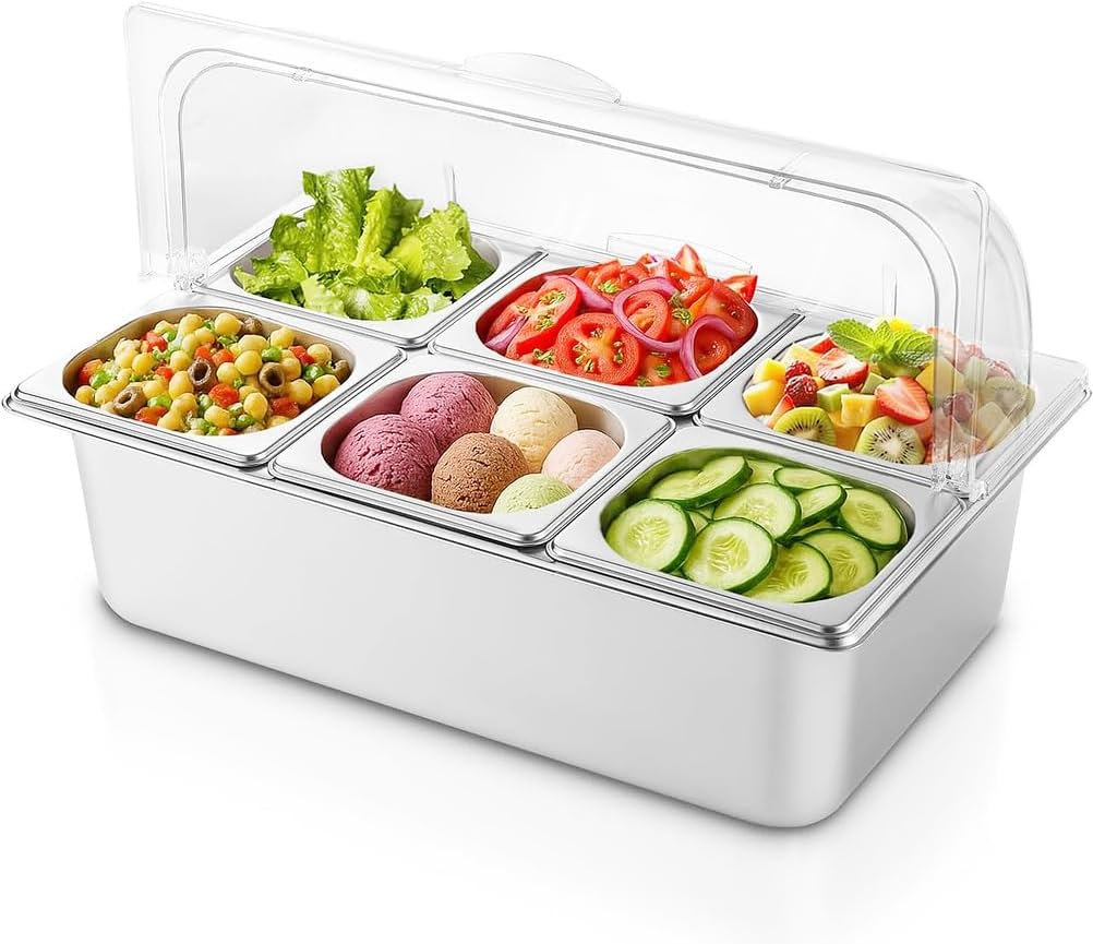 Spice Display Salad Cooler, Stainless Steel Countertop Ice Food Serving Display Container with Clear Roll Top Cover for Restaurant Hotel Kitchen Party (6 Pan)