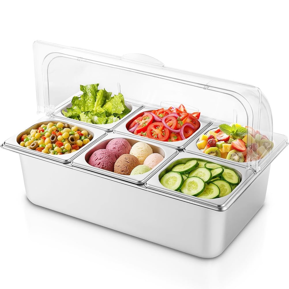 Vitrina refrigerada para ensaladas y especias, de acero inoxidable contenedor expositor de sobremesa para alimentos con hielo ideal para restaurantes, hoteles (6 compartimentos)