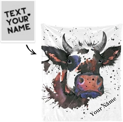 Miniatura 2 de Manta personalizada con texto con nombre, manta personalizada de animales en acuarela de vaca, manta de forro polar súper suave para sofá, cama (50