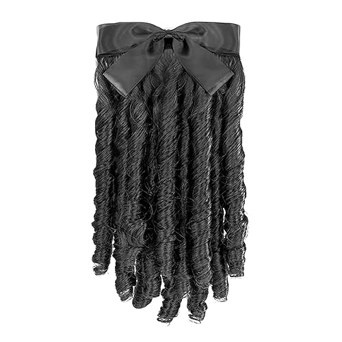 QYUU Regency Ringlet - Peluca de cola de caballo con lazo en espiral, media peluca sintética histórica colonial para mujer, peluca de disfraz (negro)