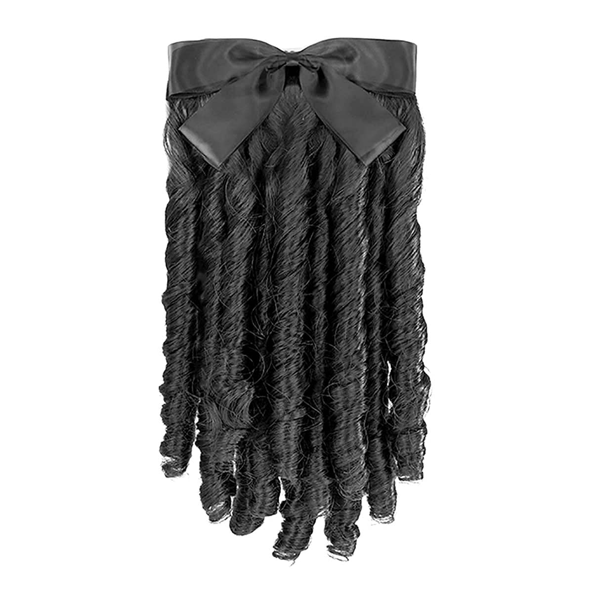 QYUURegency Ringlet Ponytail Hairpiece with Bow Spiral Curl Synthetic Half Wig Historical Colonial Lady Costume Wig (Black)