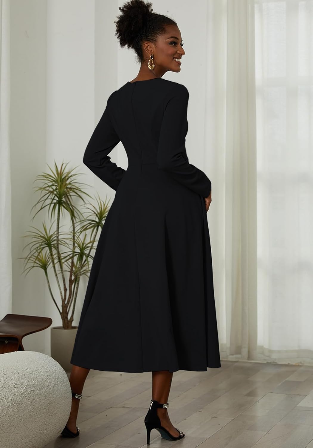 LAJIOJIO Women's Vintage Cocktail Dresses,Elegant Round Neck Long Sleeve Church Evening Dress with Pockets - Image 8