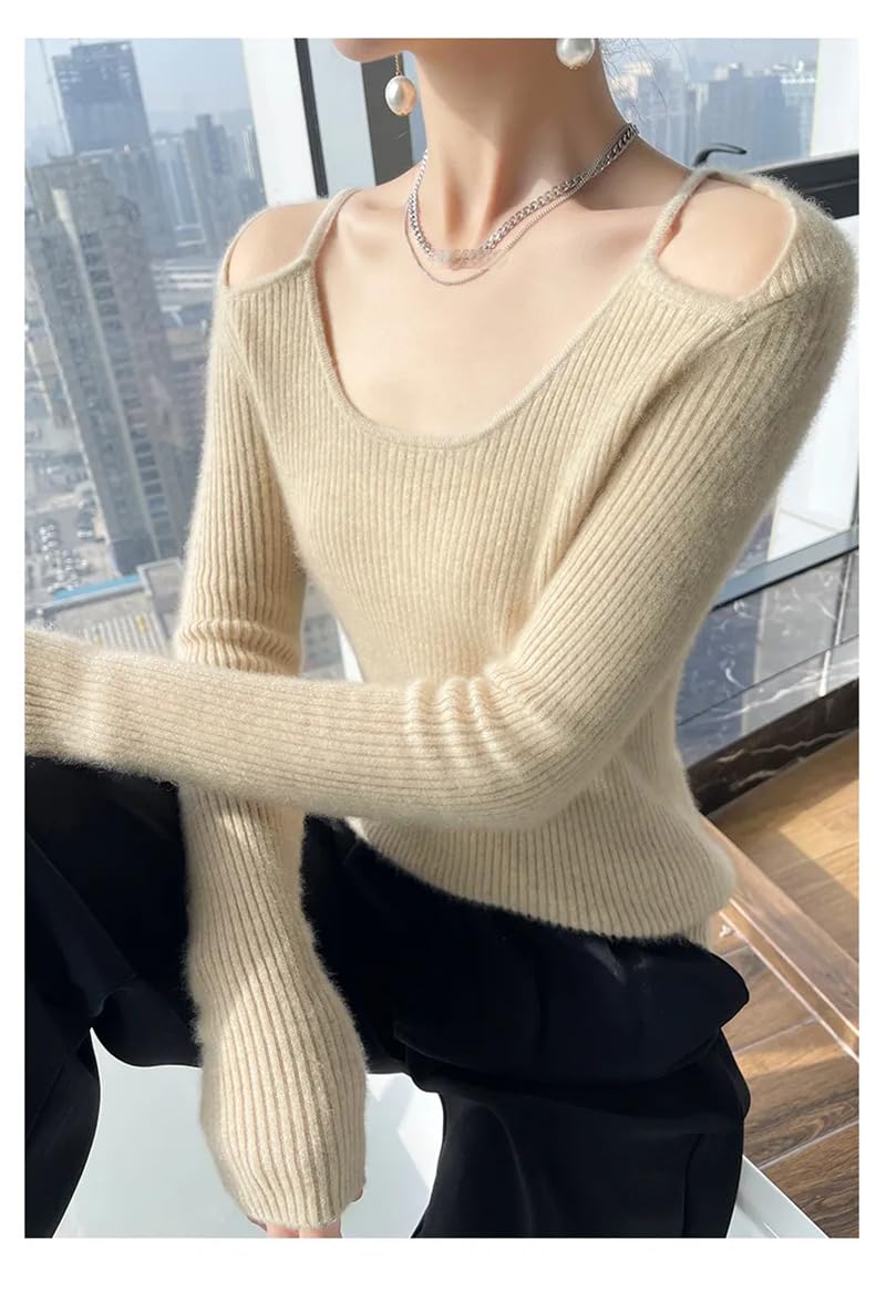 Maglione da donna lavorato a maglia in cashmere con scollo rotondo senza spalline, slim