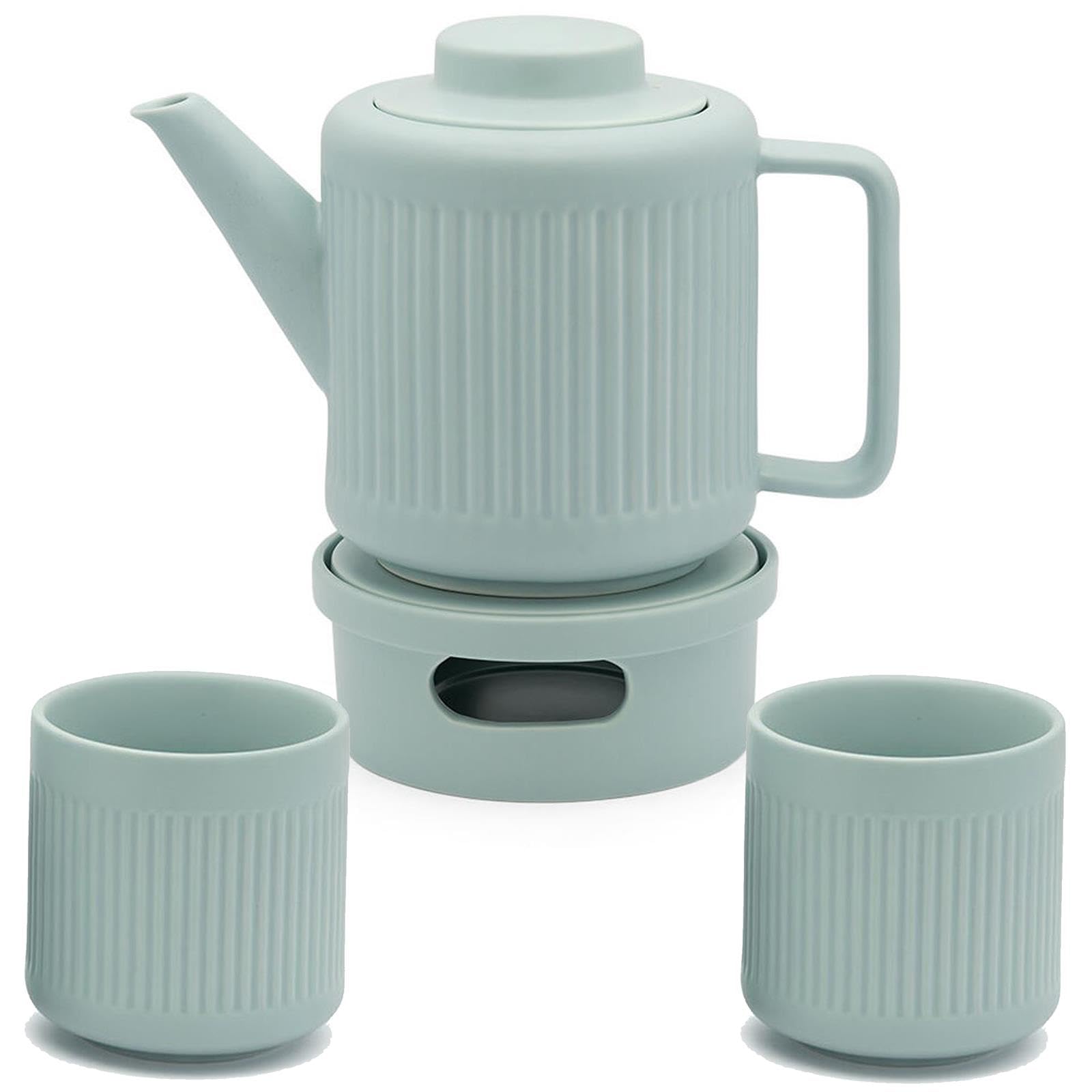 Bredemeijer Teekanne Set 1.2 Liter blaues Porzellan mit Edelstahl Tee-Filter Sieb-Einsatz für losen Tee & Teebecher 2 Stück & Stövchen für 1 Teelicht - ideal für duftende & blumige Teesorten