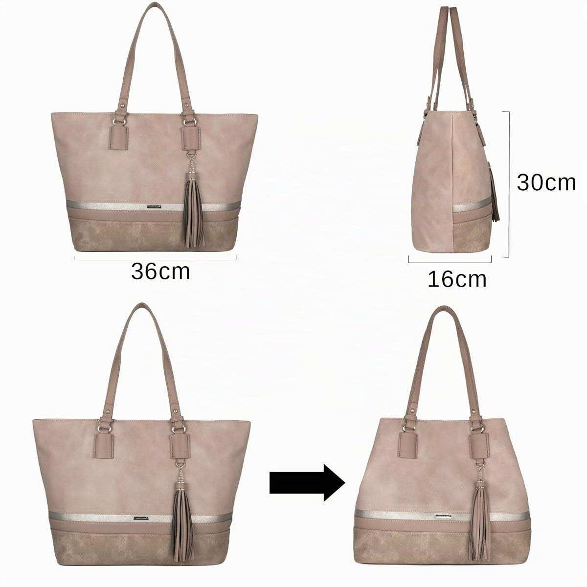 David Jones - Sac à Main Cabas Femme Grande Taille - Fourre-Tout A4 Grande Capacité Simili Cuir Toile Souple Imperméable - Tote Porté Epaule Anses Longues - Fille Cours Lycée Travail - Rose