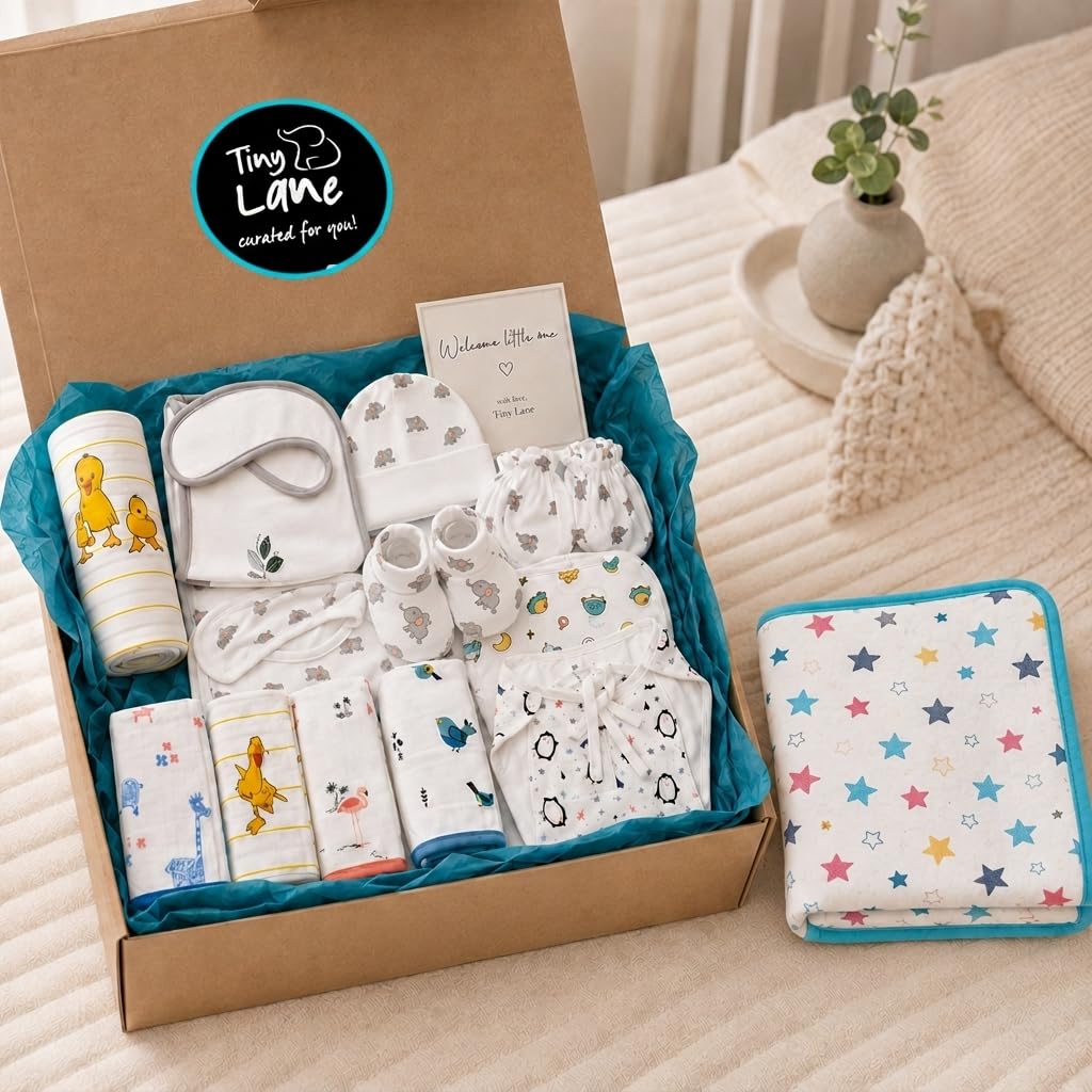 TinyLane - Curated for you! New Born Baby Gifts for Boys & Girls | Baby Clothing Gift Set | Newborn Shower Gift | Pack of 15 | 1 Swaddle, 1 Blanket, Cap, Booties & Mittens, 2 Bibs, 4 Washcloths & 2 Nappies | Essential Apparel Set | Swaddle & Blanket, Cap, Booties & Mittens, 2 Bibs Included, 4 Washcloths & Nappies, Essential Apparel Set-picture-28