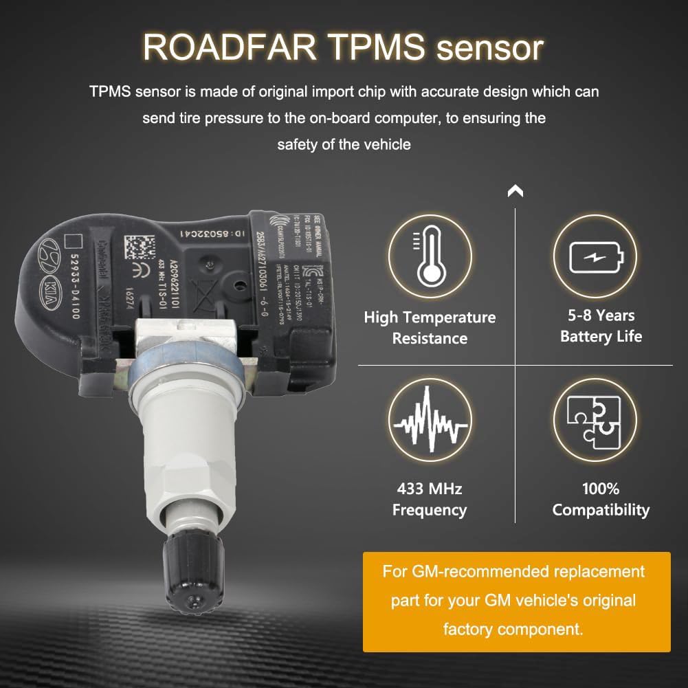ROADFAR TPMS Sensor, 433MHz Tire Pressure Sensor Fits 2015-2019 For Hyundai Elantra 2017-2019 For Hyundai Ioniq 2018-2019 For Hyundai Santa Fe 2015-2019 For Kia Optima Replaces 52933D4100 4Pack