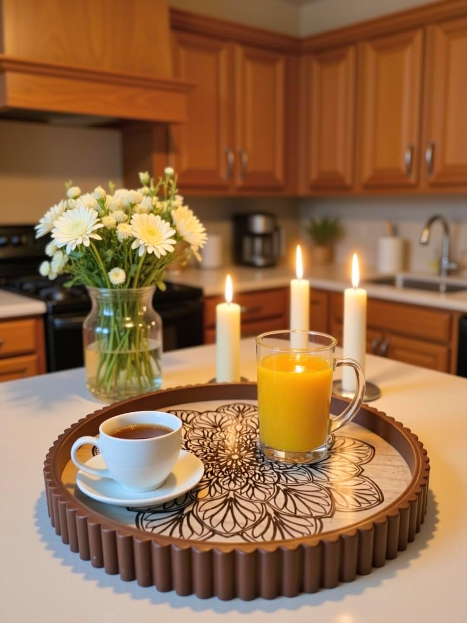 EspoirLuvRound Decorative Tray Set of 2 – Wooden Coffee Table Trays, Rustic Boho Decor Accents for Ottoman, Living Room, and Entryway