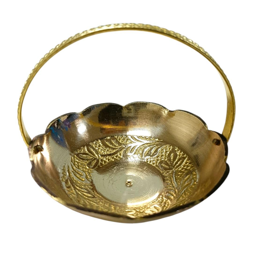 Handcrafted Brass and Metal Flower Basket, Miniature Decorative Basket for Pooja Room and Home Temple, Gold Finish with Embossed Floral Design Size 8 Cm-image-23