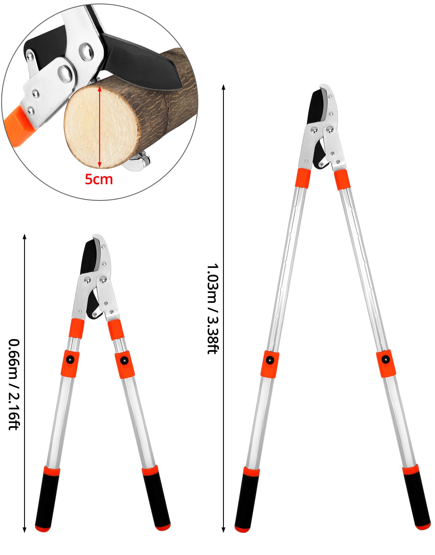 QWORK® secateur telescopique 66-103CM, acier allié SK5, ouverture maximale 10 cm