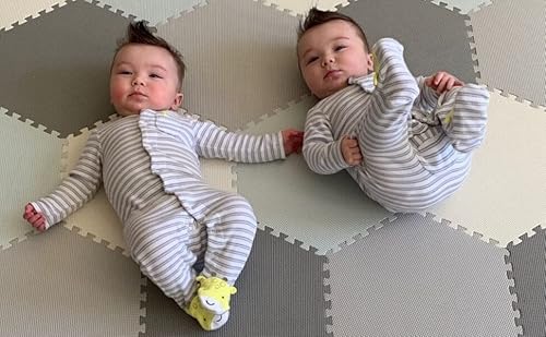 Baby Brielle Play Mat - 38 Pieces Non-Toxic Extra-Thick Kid's Puzzle Exercise Activity Mat - Soft Eva Foam Interlocking Hexagon Floor Tiles, Grey & White, 48” X 72” #TOP6