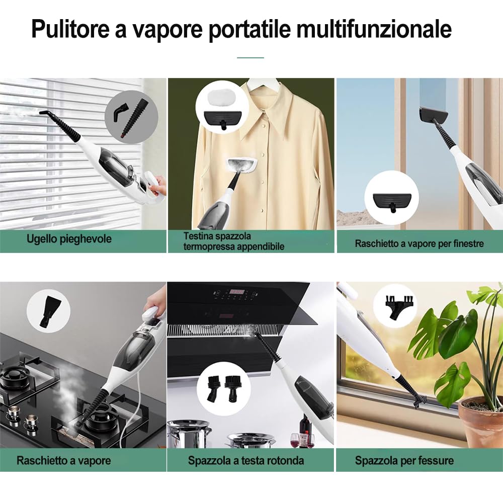 Steam Mop, lavapavimenti a Vapore per la Pulizia, pulitore a Vapore Portatile Multiuso, 13 Accessori, per Pavimenti in Legno, Laminato, Vinile, Piastrelle, Marmo