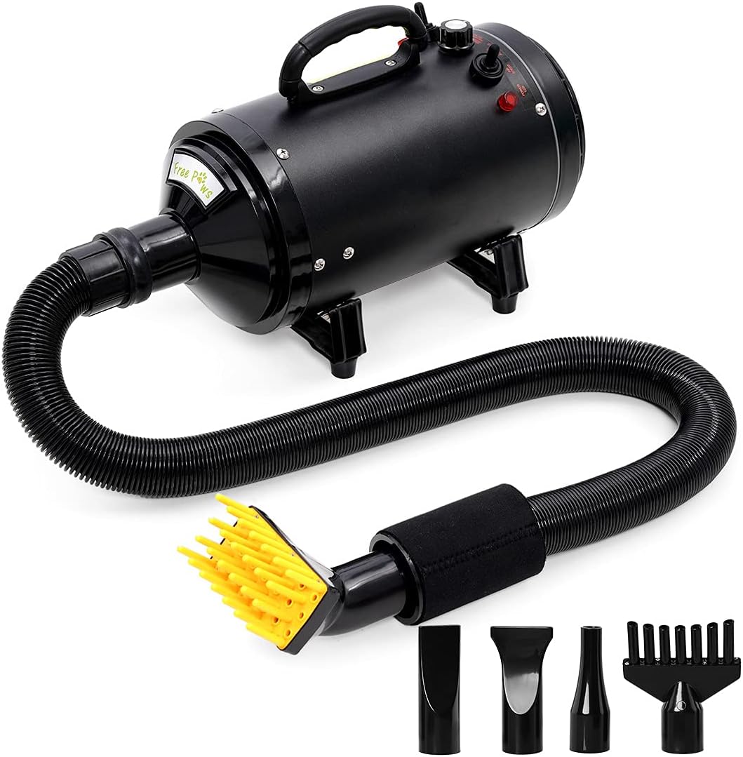 Dog Dryer 4.0 HP Stepless Adjustable Speed Pet Grooming Dryer with Adjustable Temperature, Professional High Velocity Air Forced Dryer with 5 Different Nozzles and a Shower Massage Glove
