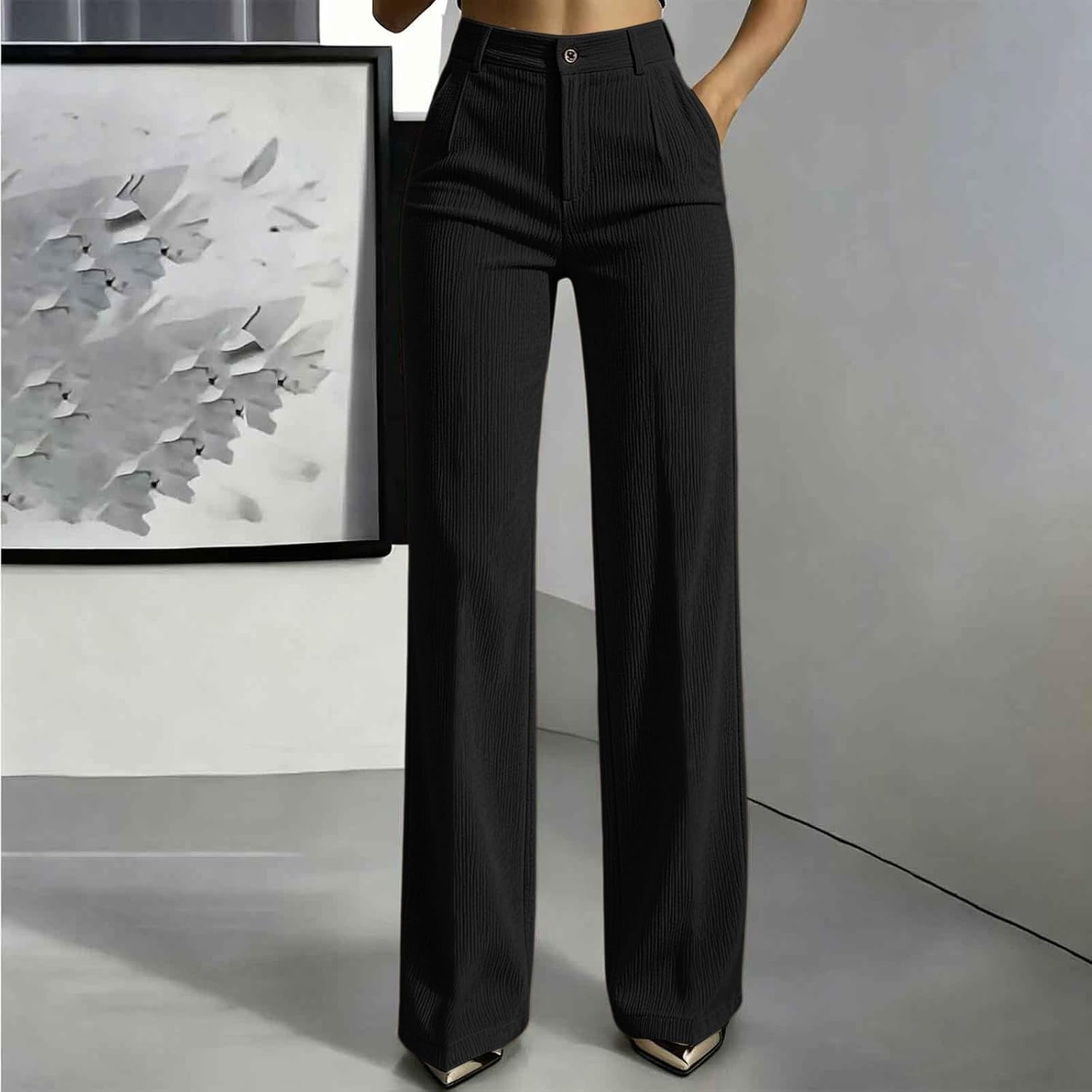 Women's Corduroy Wide Leg Dress Pants Office Trousers