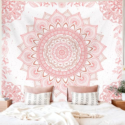 Apdidl Pink Boho Wall Tapestry for Bedroom Mandala Hippie Cute Floral Tapestries Teen Girl Room Decor Bohemian Pink and White Poster Wall Hanging Art Aesthetic for Living Room Dorm 51X60