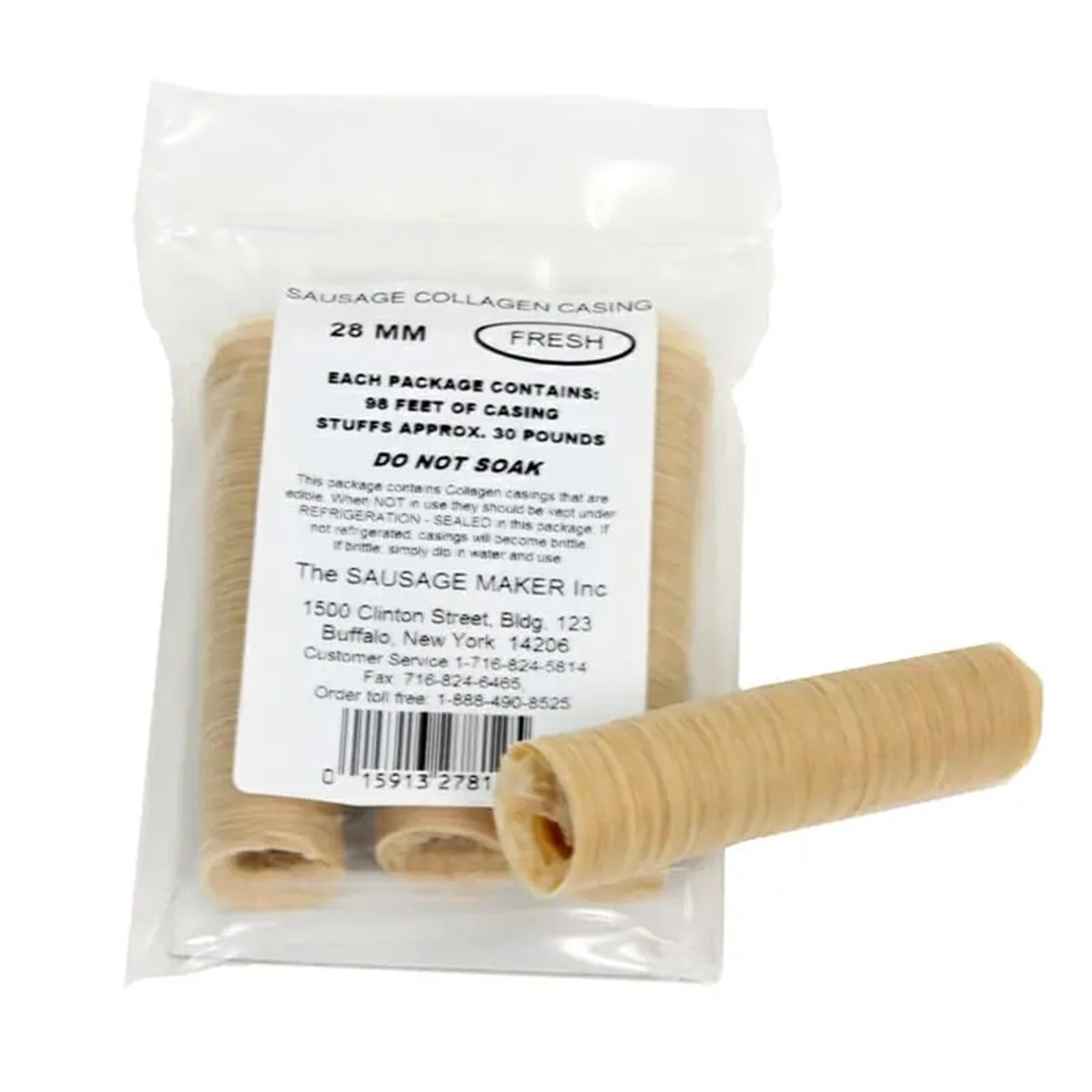 The Sausage Maker® 28mm Fresh Collagen Casings for Sausage Making, Edible, Clear, Beef Collagen Sticks, 1.12” Diameter Bratwurst, Chorizo, Hot Dog Casings, 98ft Sausage Skin, Stuff 30lbs Meat