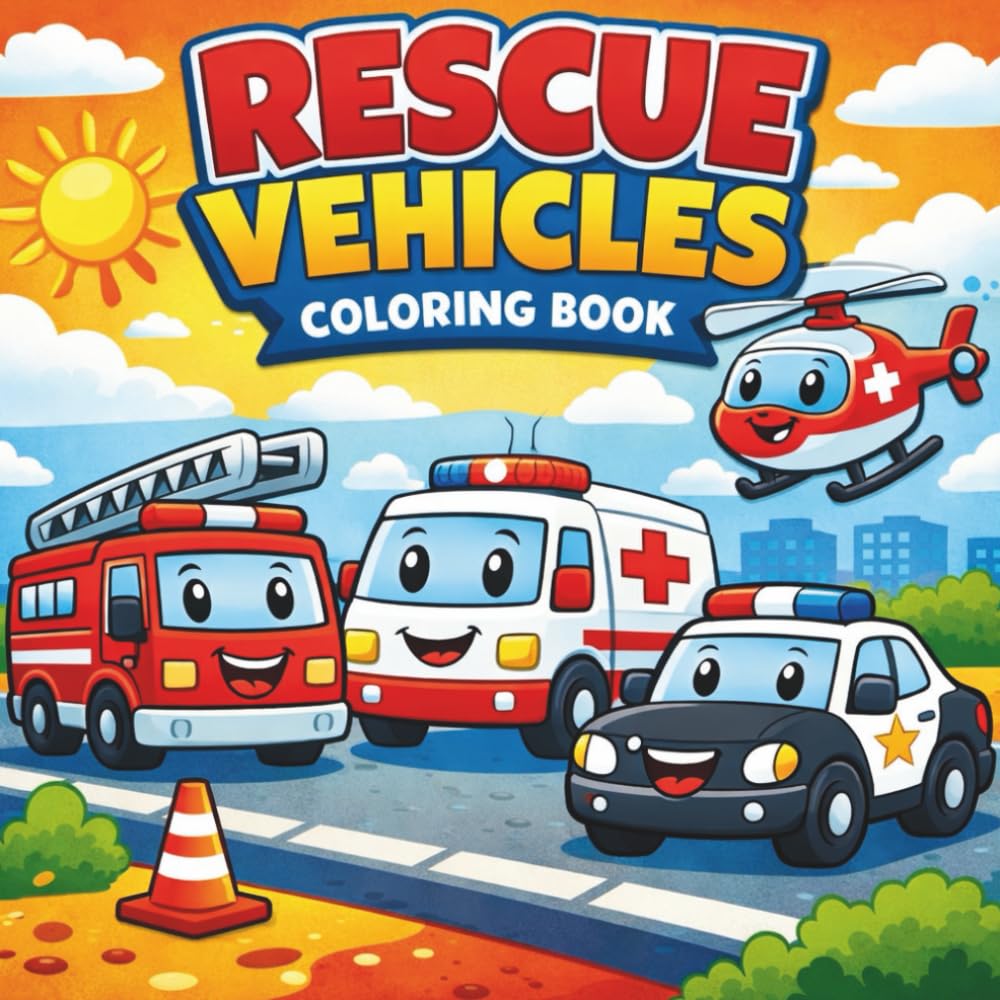 Rescue Vehicles Coloring Book: Cute and Easy Coloring Pages for Kids Ages 3-8