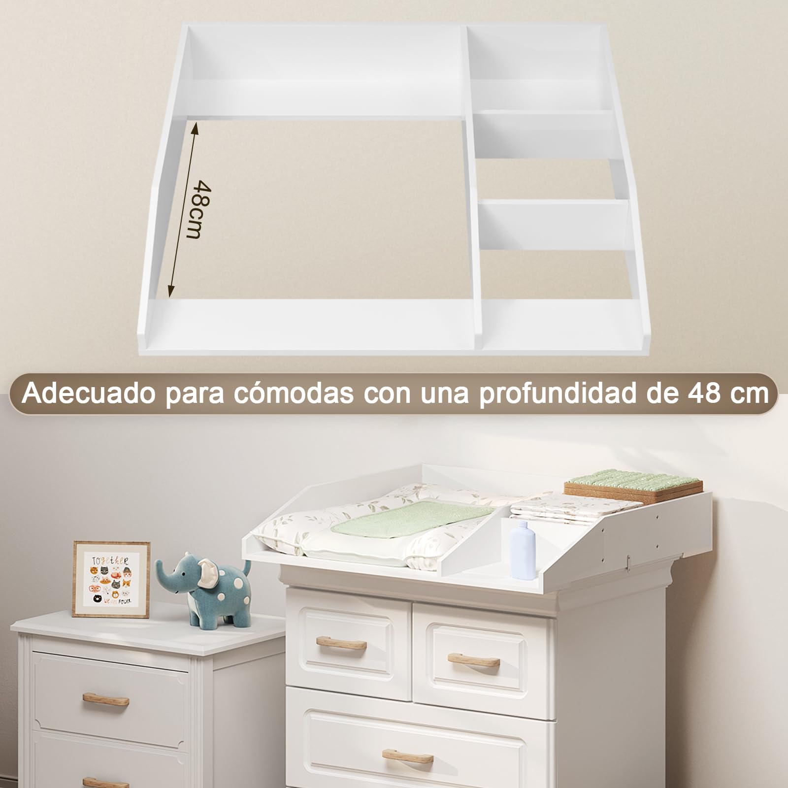 WOLTU Cambiador para Bebé 80x74,5x13,5 cm, Tapa Cambiador de Madera con Estantes de Almacenamiento, Compatible con Cómoda, Lavadora o Armario