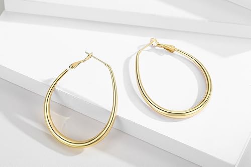 Miniatura 4 de Pendientes de aro ovalado ligeros para mujer - chapados en oro de 14 quilates, chapados en oro rosa y plata de ley, aretes de aro oblongo grandes
