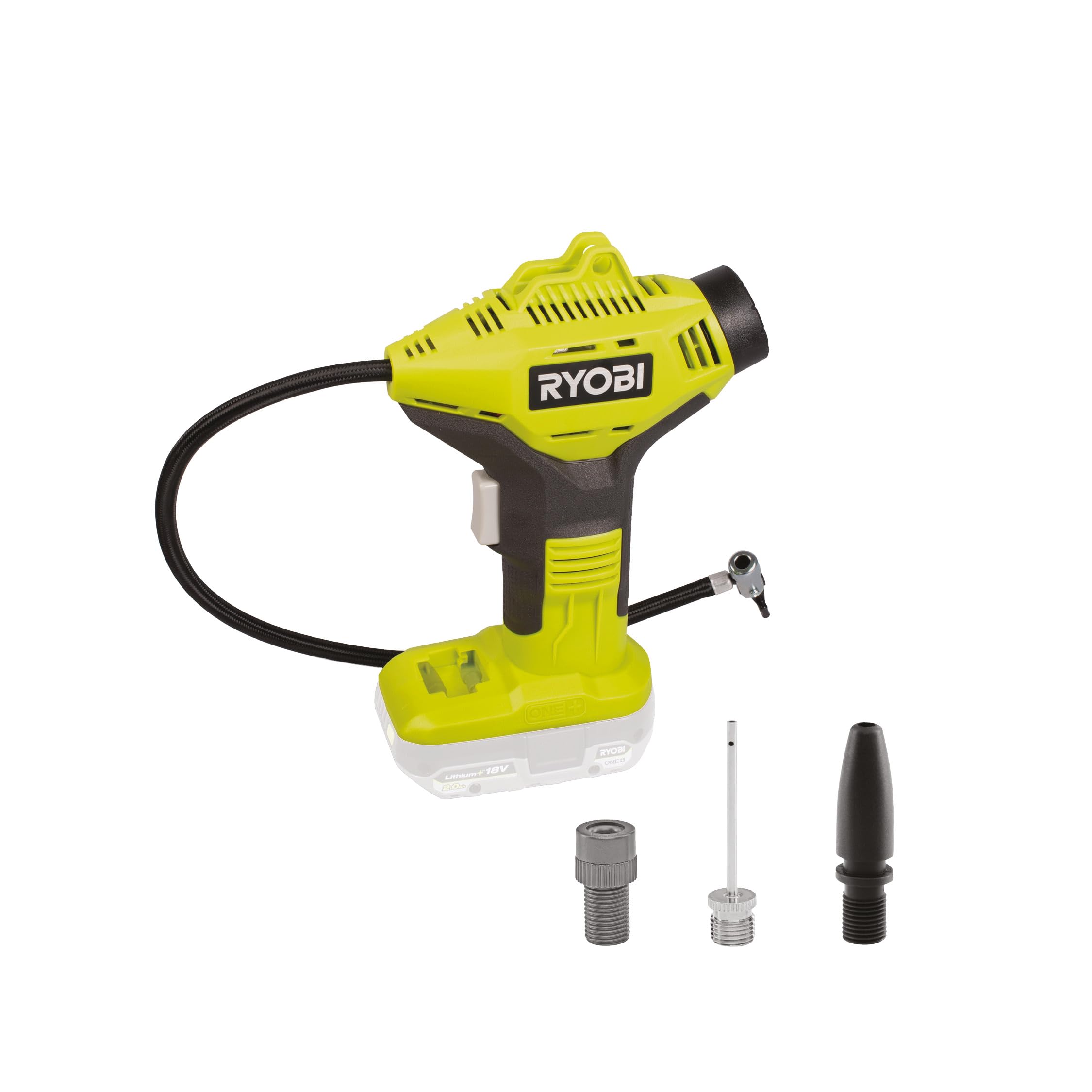 Ryobi Compressore Compatto a Batteria 18V ONE+ fino a 10,3 Bar, con Manometro Integrato, Tubo 50 cm e Accessori Inclusi per Pneumatici, Bici e Palloni, Batteria Non Inclusa, R18PI-0