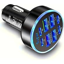 6-in-1 Super Fast Car Charger Adapter with LED Voltage Display, Car Plug Powered Mobilephone Charger for Smart devices like Tablet, Laptop, Cellphones like iPhone 17 16 15 14 pro max Samsung Oppo Vivo