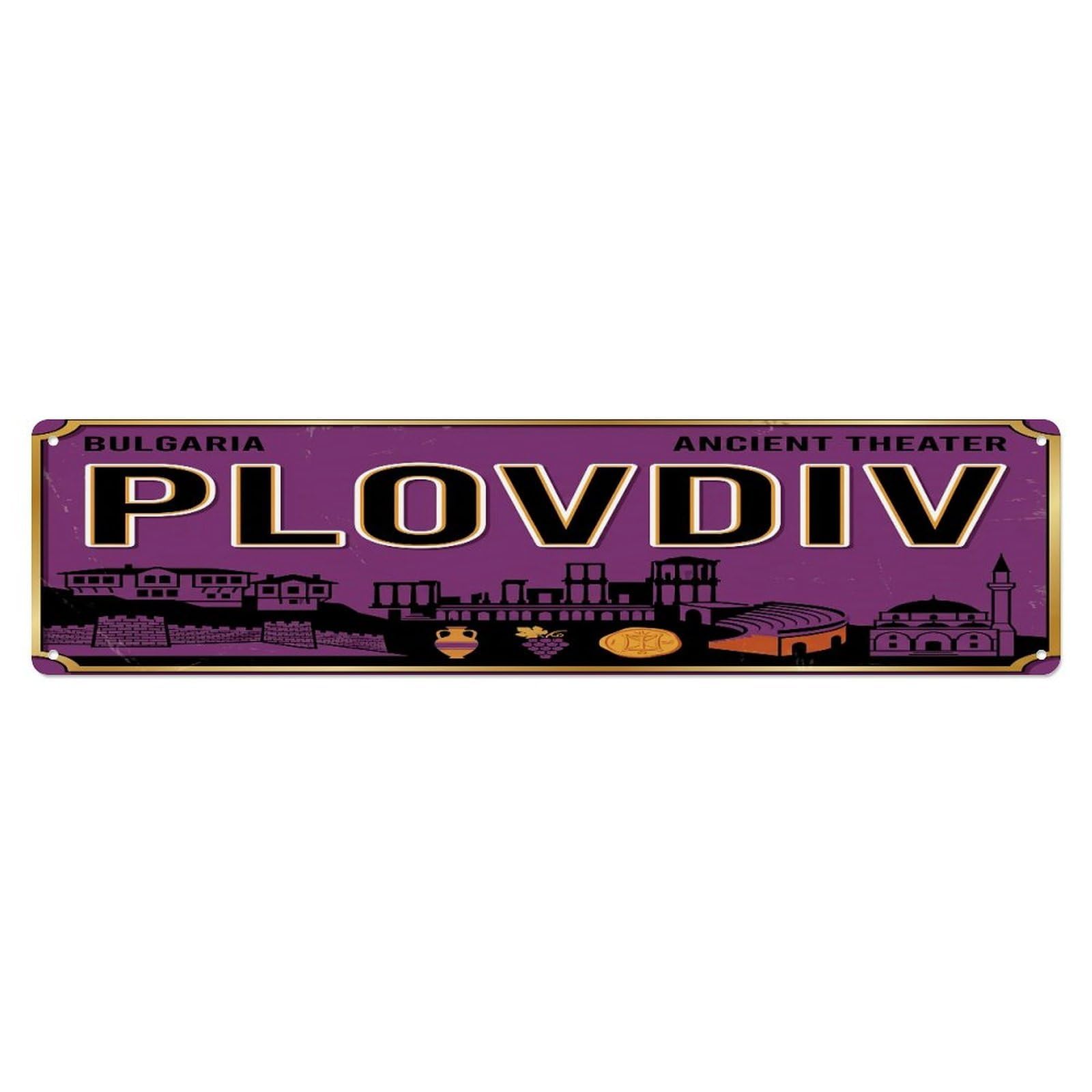 Tgrcjimh Style Metal Tin Sign Vintage Travel Plovdiv Theater Stadium Wine