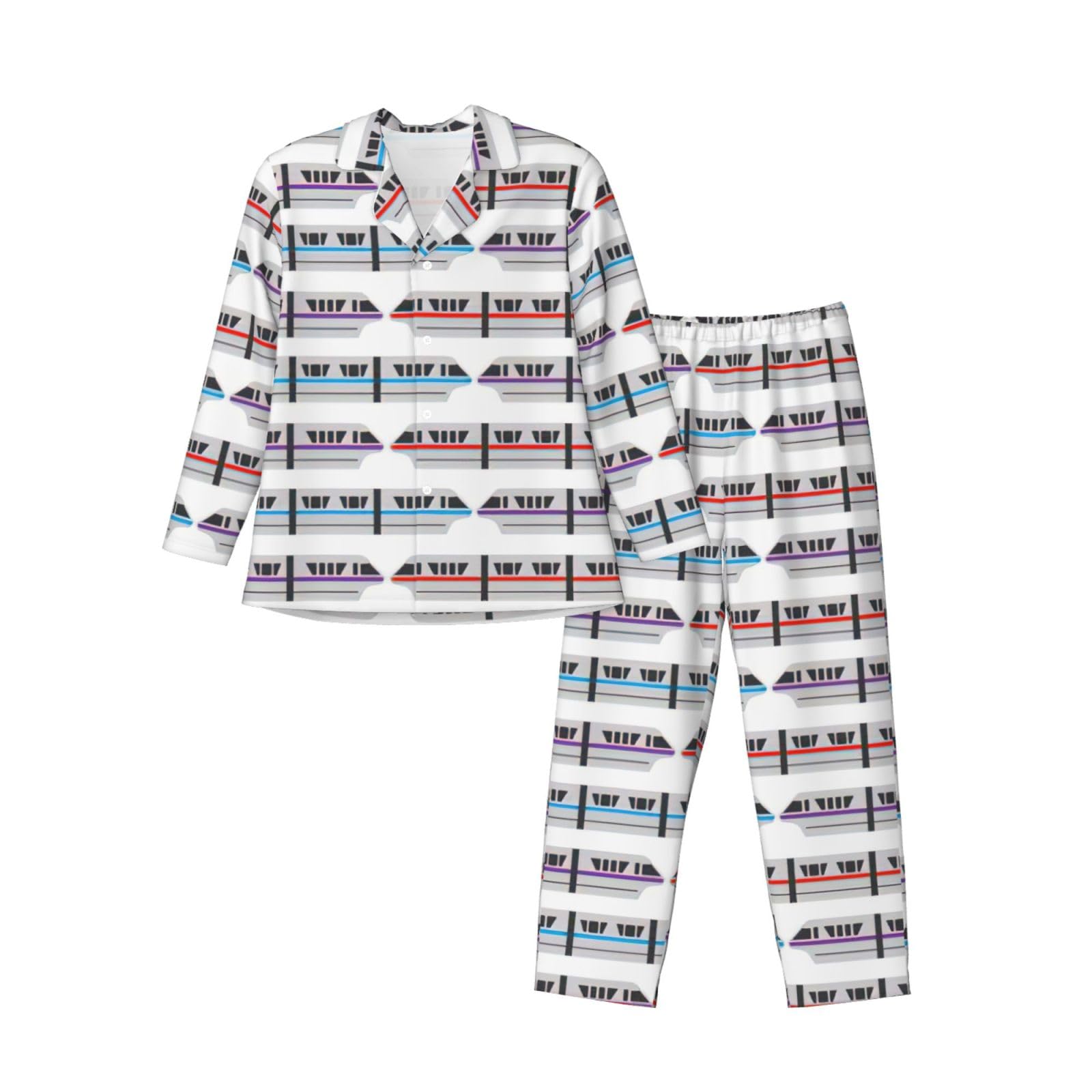 Conjunto de pijama de manga larga para hombre con estampado de tren monorraíl, ropa de dormir de dos piezas, transpirable, cómoda