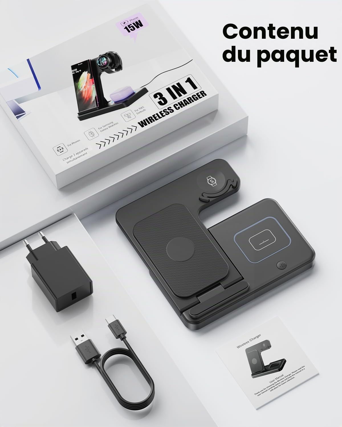 GEEKERA Chargeur Induction Pliable pour Samsung, 3 en 1 Station de Charge pour Samsung S25/S24/S23/S22/ZFlip/Fold, Chargeur sans fil pour Galaxy Watch 8/7/6/5/4, Wireless Charger pour Galaxy Buds-Noir