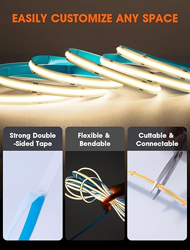 Miniatura 6 de CEMOON Tira de luces LED COB de alta densidad de 16.4 pies16.4 ft, tira de luces LED de 0.394 in de ancho, CRI 90+, 12 V CC, 2640 LED, cinta de