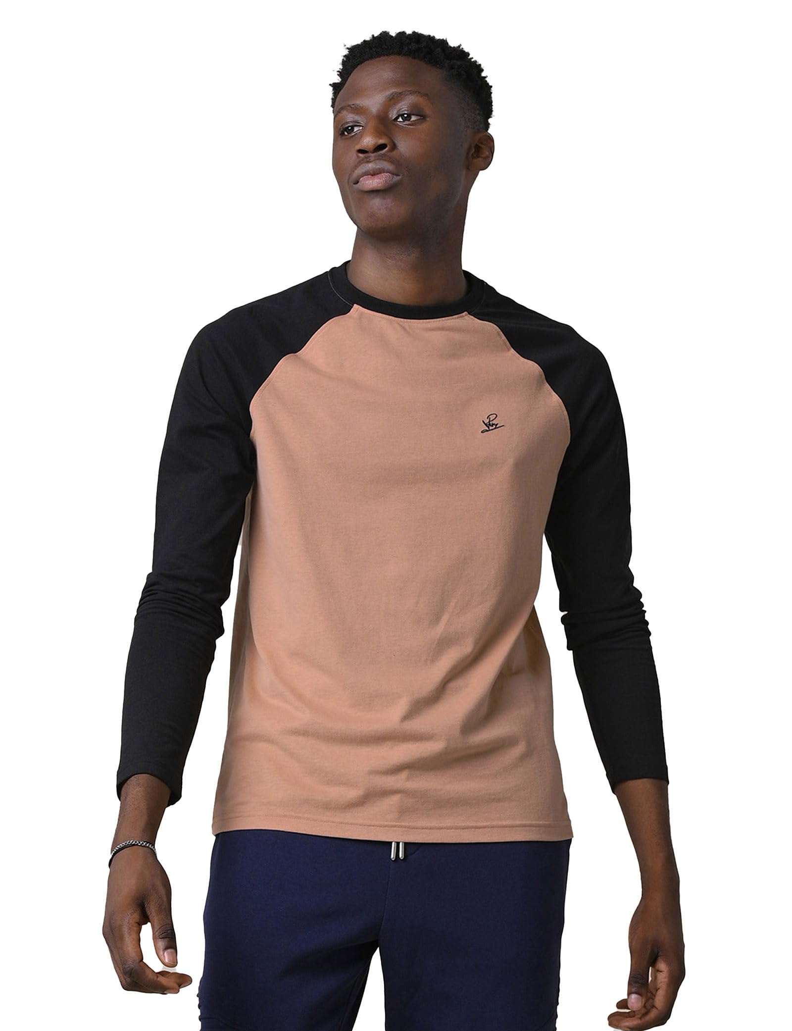 Enorsia Mens Classic Raglan Sleeve T-Shirt - Ribbed Crew Neck, Contrast Raglan Sleeves & Neck Binding, Soft Cotton Comfort Fit Casual Wear (M, Cream)