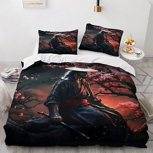 Samurai - Juego de funda de edredón tamaño matrimonial, juego de ropa de cama japonés de 3 piezas, funda de edredón con estampado de microfibra