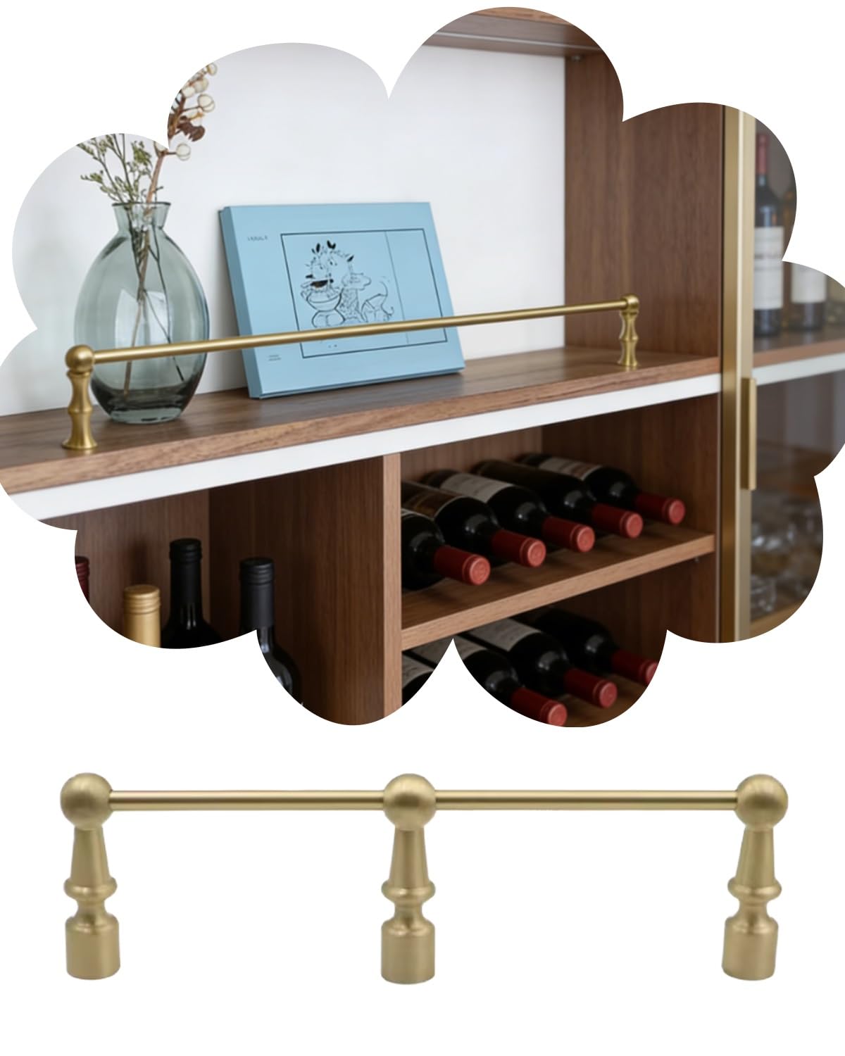MESCXTY Unlacquered Brass Gallery Rails for Bookcase Shelves, Multi Pack Shelf Railing Brackets with Posts, Tipping Spindles Holders(1 Pack,52in/132cm)