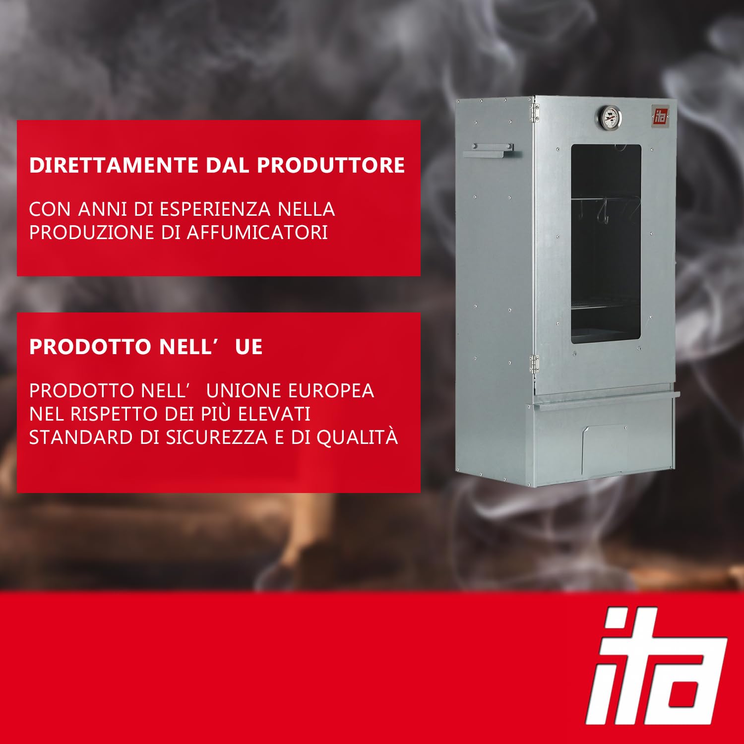 ITA Fumoir Électrique 7002 - Set Affumicatore con Riscaldamento, Tavolo, Generatore di Fumo - Armadio per Affumicatura con Finestra e Termometro - Acciaio Inox - Qualità UE - 81 cm con 3 Livelli