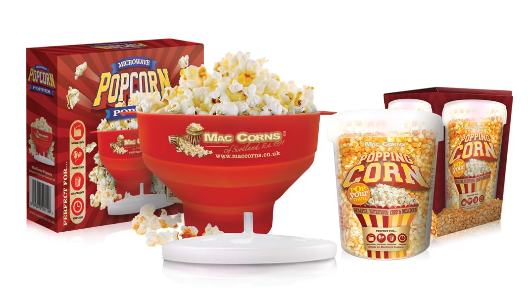 MacCorns USA Top Grade Popping Corn with Microwave Popping Bowl - 1 Litre Tub American Popcorn Kernels for Popcorn Makers, Traditional Popping & Popcorn Machines - Resealable & Reusable