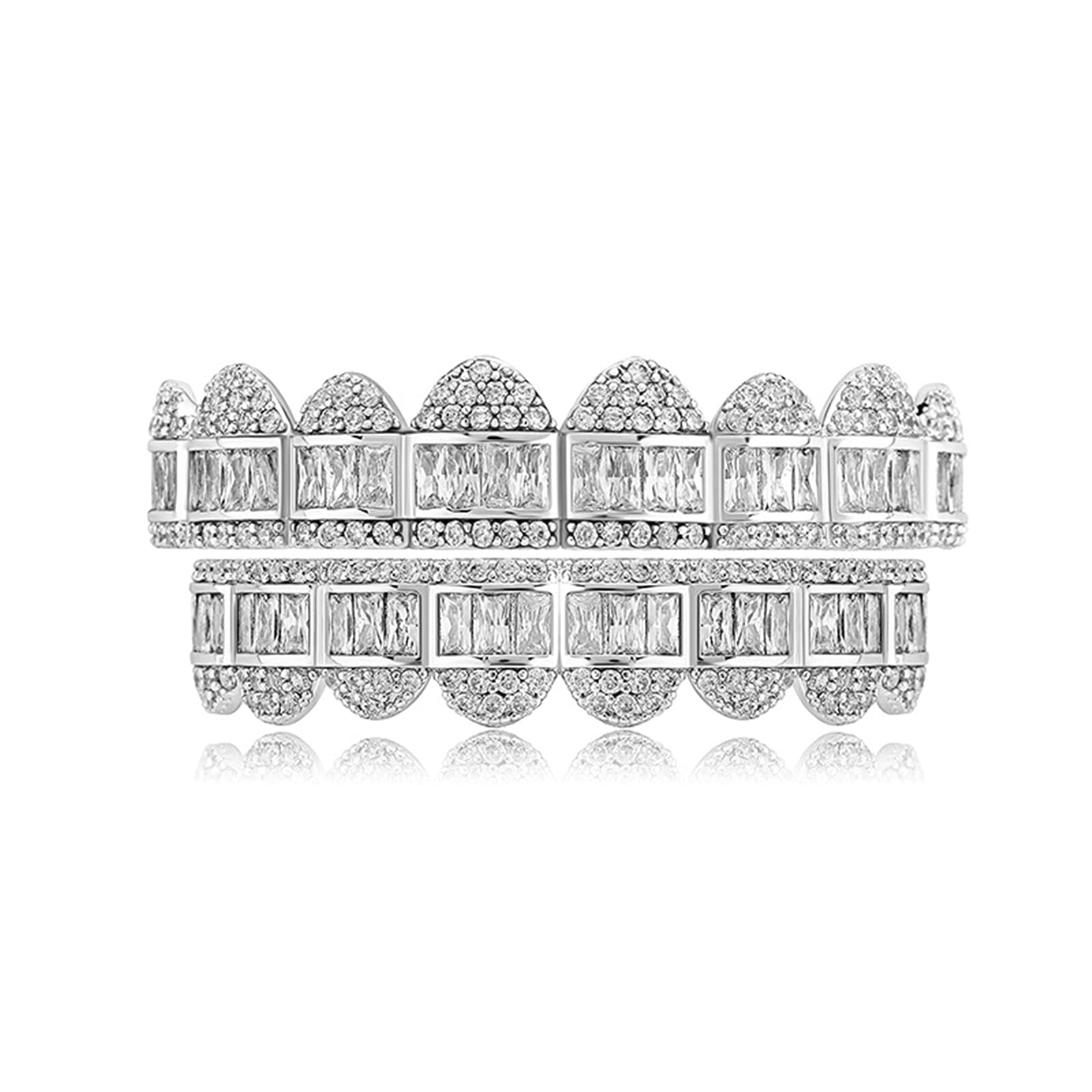 Fantex Iced Out Brillant Baguette CZ Diamant Dents Grills Porter Ensemble de Bijoux, Or 18K Plaqué Or Hip Hop Dents Bretelles pour Hommes Femmes (White)