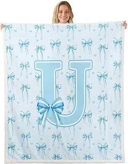 Feelyou Cute Blue Bow Sherpa Blanket Plush Fuzzy Personalized Initial U Fleece Throw Blanket Monogrammed for Living Room Kawaii Coquette Bow Knot Bedroom Decor Dreamy Princess Style Twin 60"x80"